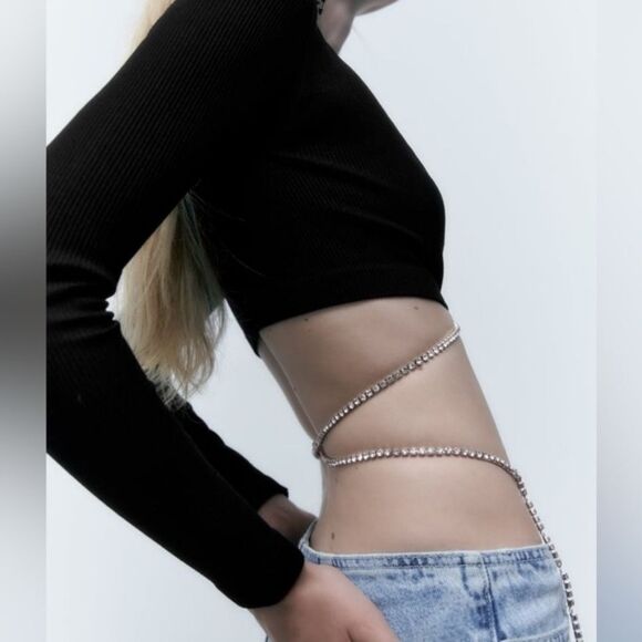 NWT ZARA NWT Zara BLACK SEAMLESS Contour RHINESTONE MESH Shirt Crop Top Plunge C - Picture 4 of 8